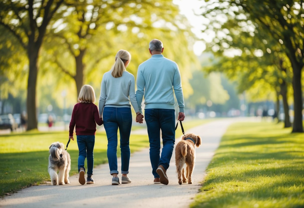 A family of three, including a child, walks their dog in the park