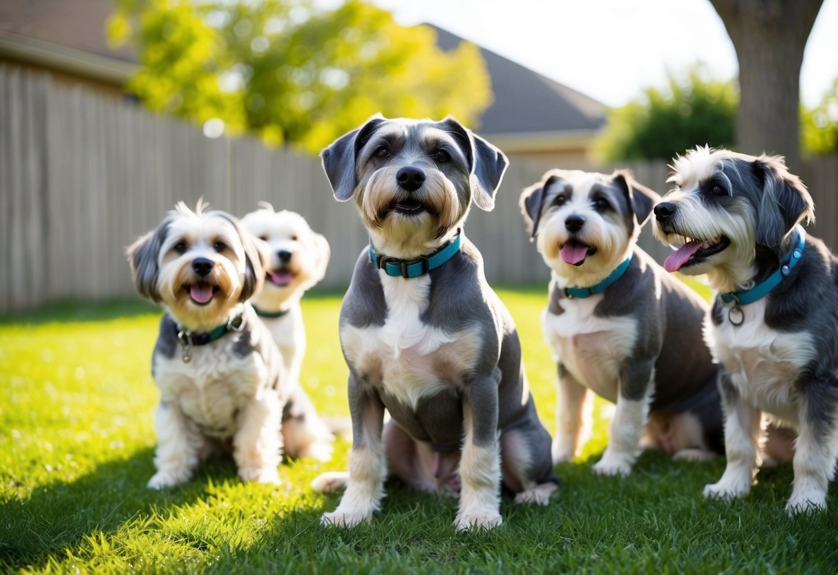 A gray-muzzled dog sits contentedly in a sun-dappled yard, surrounded by three other elderly canines, all happily wagging their tails