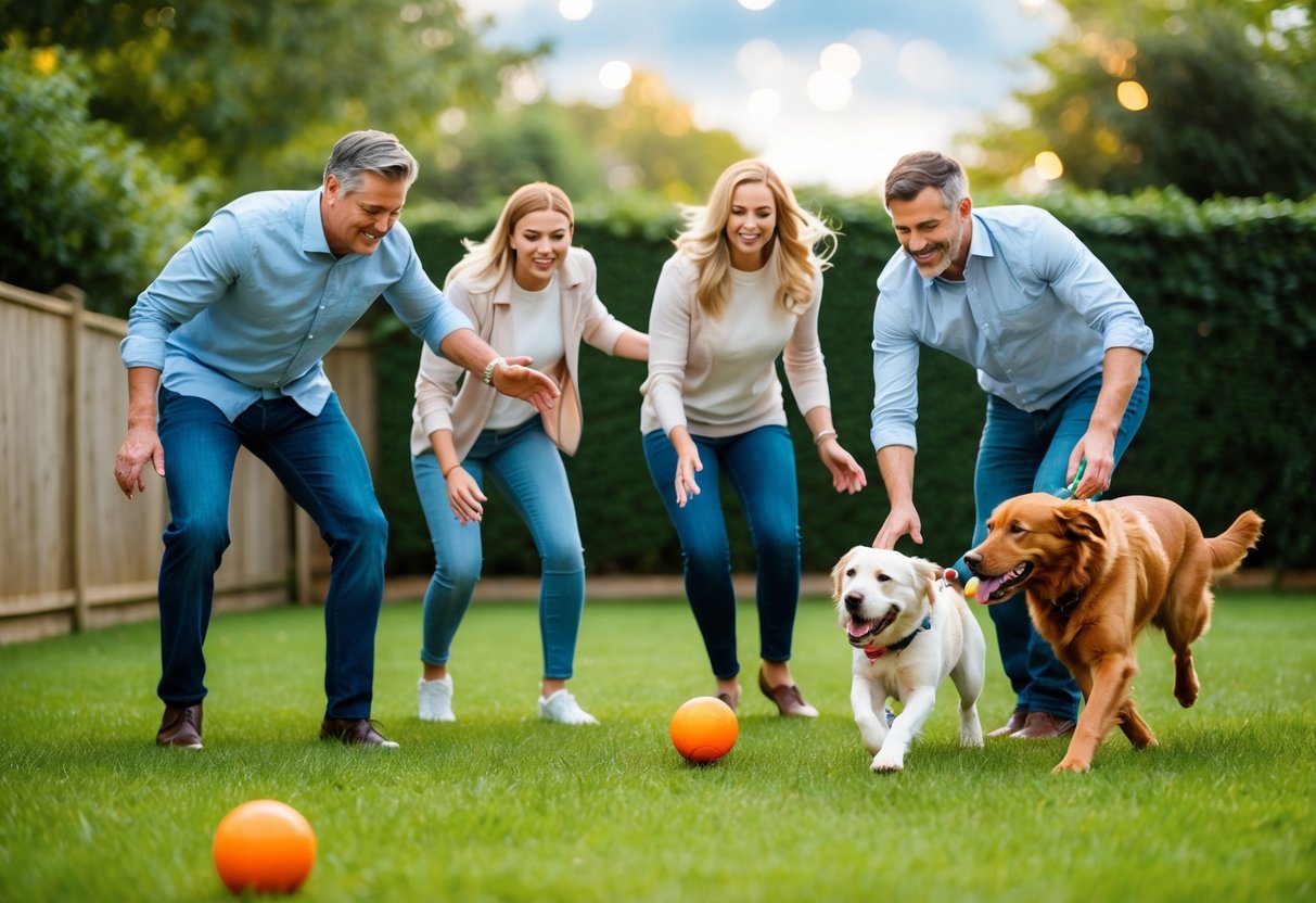 A family of four playing fetch with their dog in a fenced backyard
