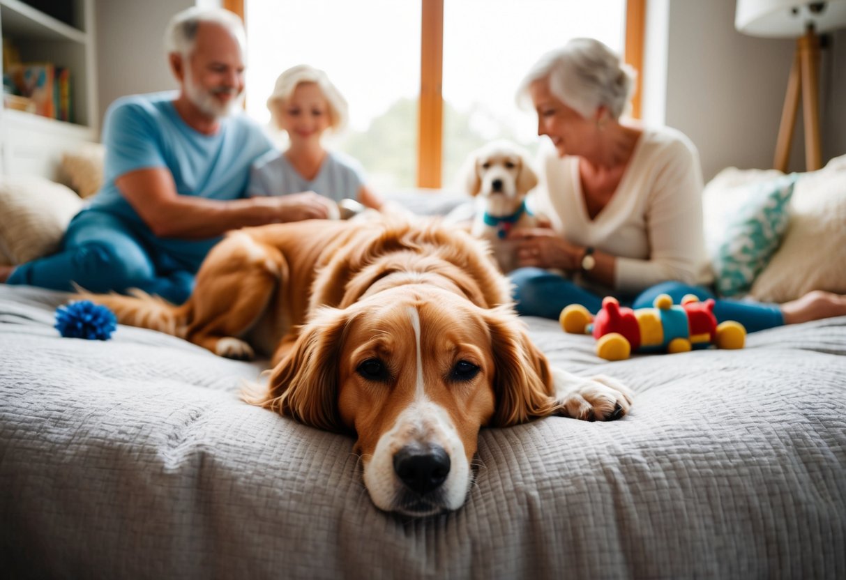 A senior dog lying peacefully in a cozy bed, surrounded by loving family members and a few well-worn toys
