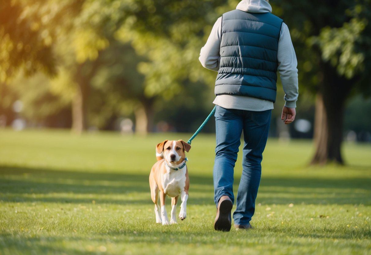 A person walking a single dog in a park