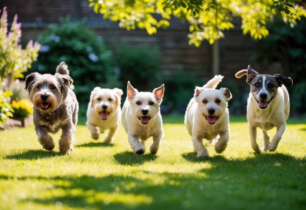 A group of elderly dogs lounging in a sun-dappled garden, some with graying muzzles and cloudy eyes, while others playfully chase each other