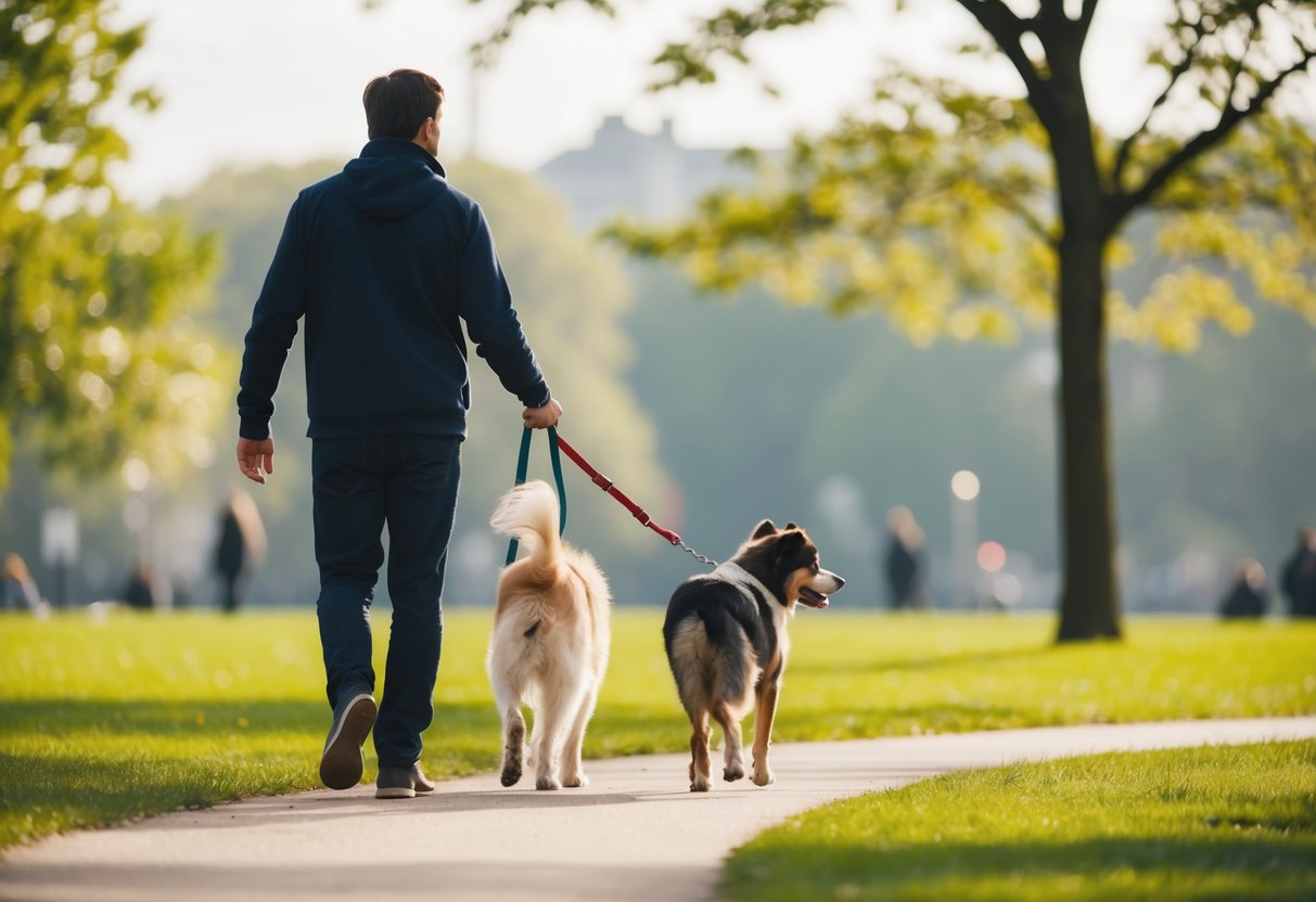A person walking a dog in a park