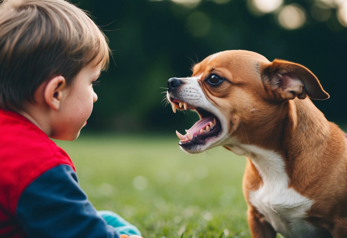 A small dog growls at a child, showing its teeth