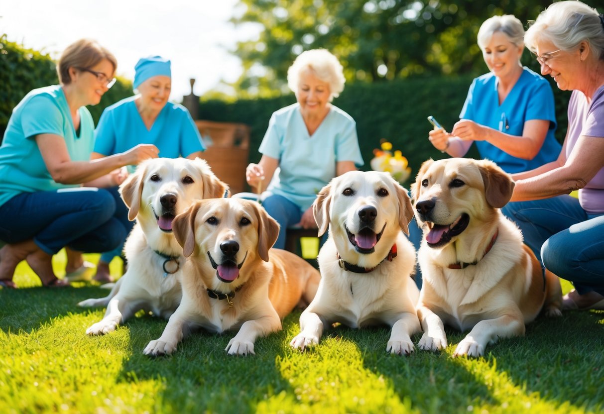 Several elderly dogs lounging in a sunny backyard, surrounded by their owners who are engaging in various health and care activities