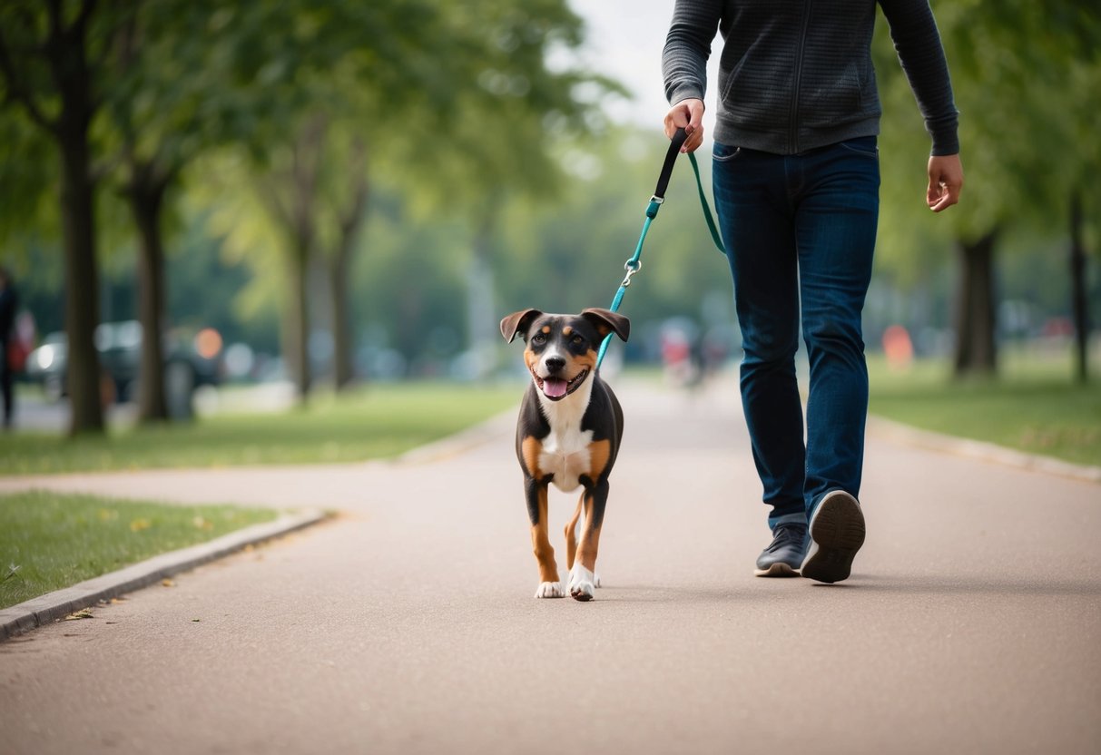 A person walking a single dog on a leash in a park