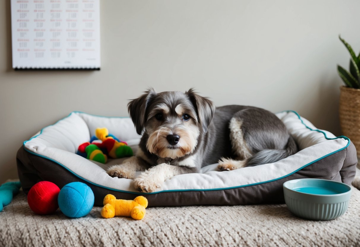 A gray-muzzled dog rests on a cozy bed, surrounded by toys and a bowl of water. A calendar on the wall shows the passing of many years