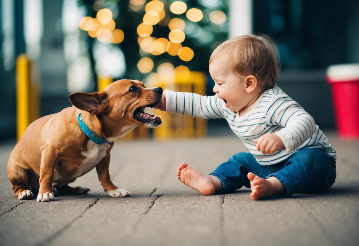 A small child playing with a dog, the dog suddenly bites the child's arm