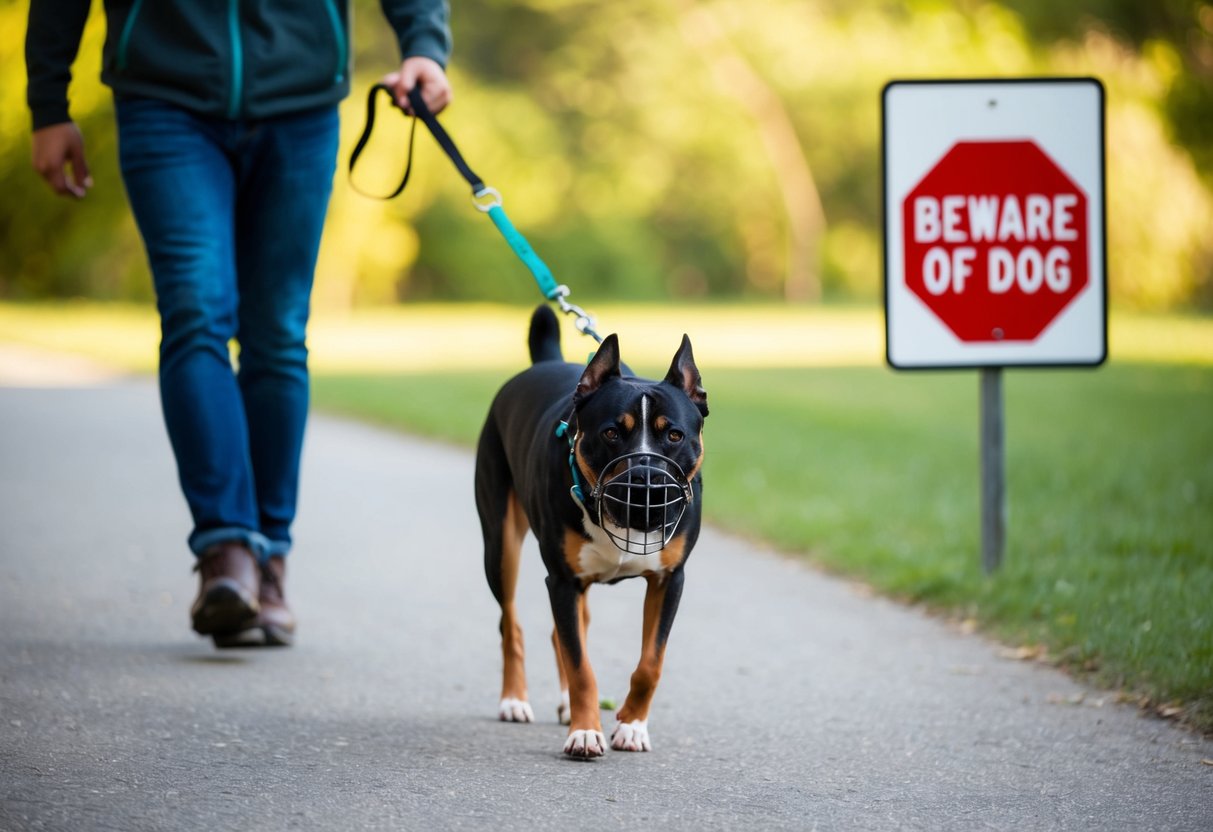 A dog wearing a muzzle being walked by its owner past a "Beware of Dog" sign