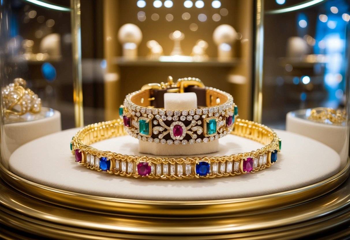 A luxurious, opulent dog collar adorned with rare gemstones and precious metals, displayed in an ornate glass case at an exclusive pet boutique