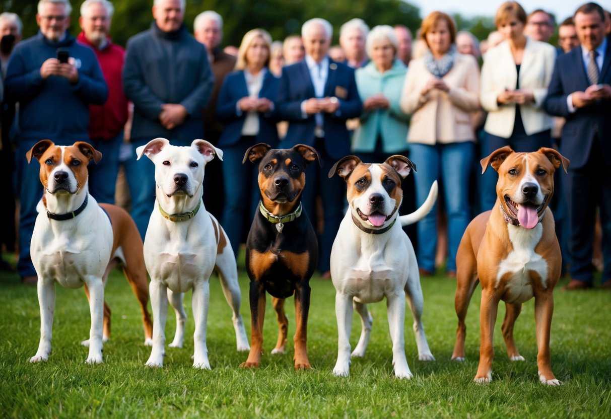 A group of rare dog breeds stand in a line, each with unique markings and features. They are surrounded by a crowd of interested onlookers