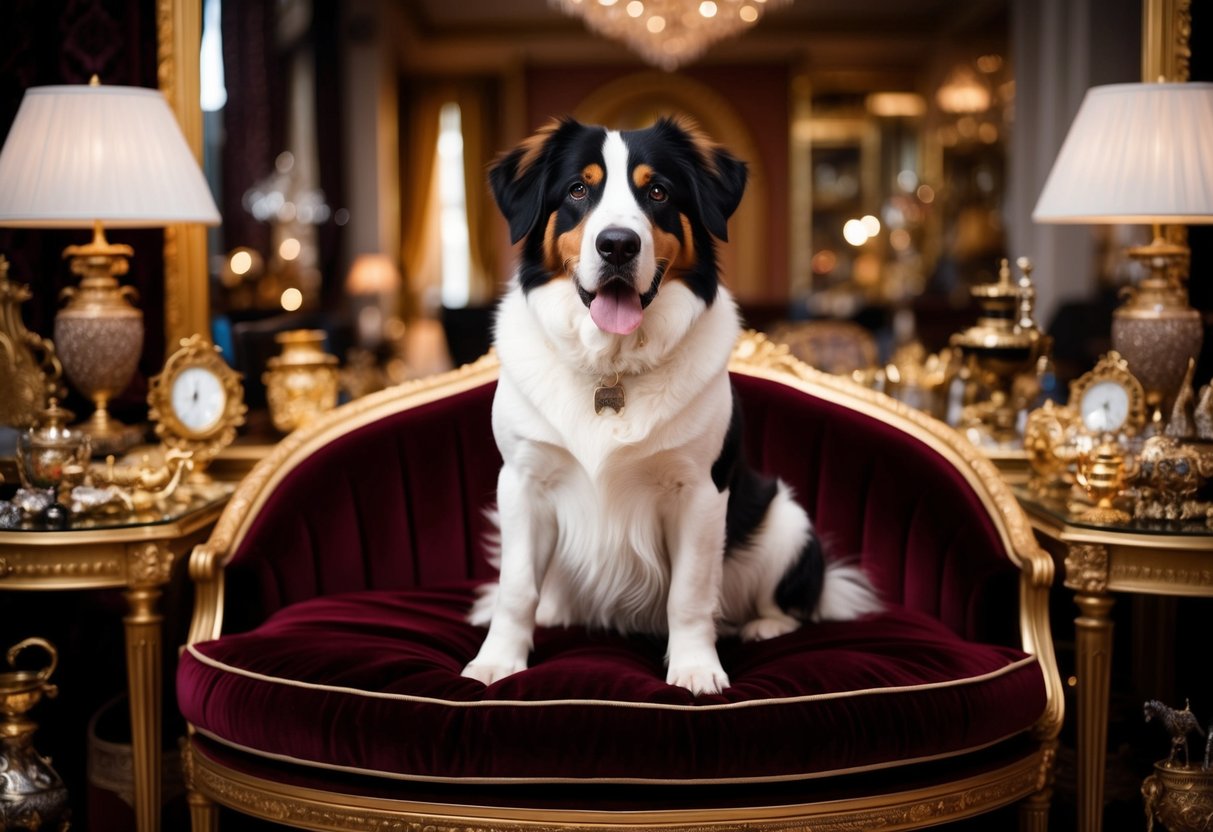 A majestic, rare dog sits on a plush velvet cushion, surrounded by opulent decor and expensive trinkets