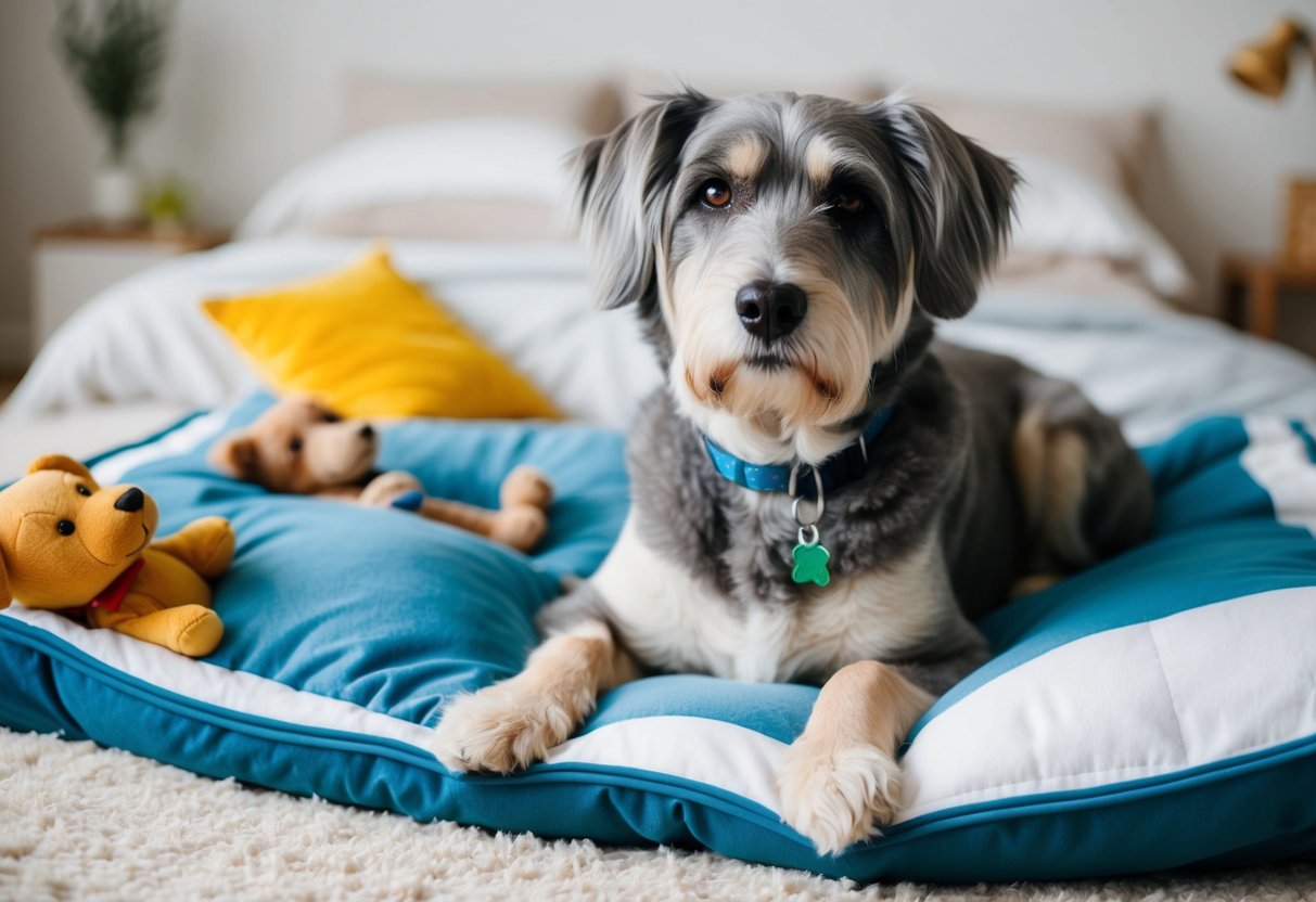 A senior dog with gray fur and a gentle expression, surrounded by comfortable bedding and toys