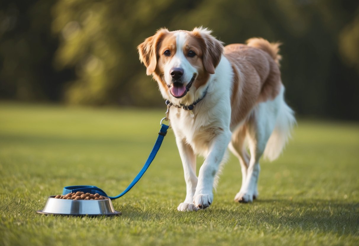 A senior dog, around 13 years old, walks with a slight limp. A bowl of healthy dog food and a leash sit nearby