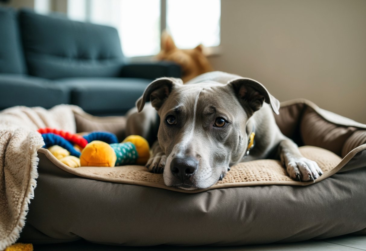 A dog with a greying snout and slightly cloudy eyes, resting on a worn dog bed surrounded by well-loved toys and a cozy blanket