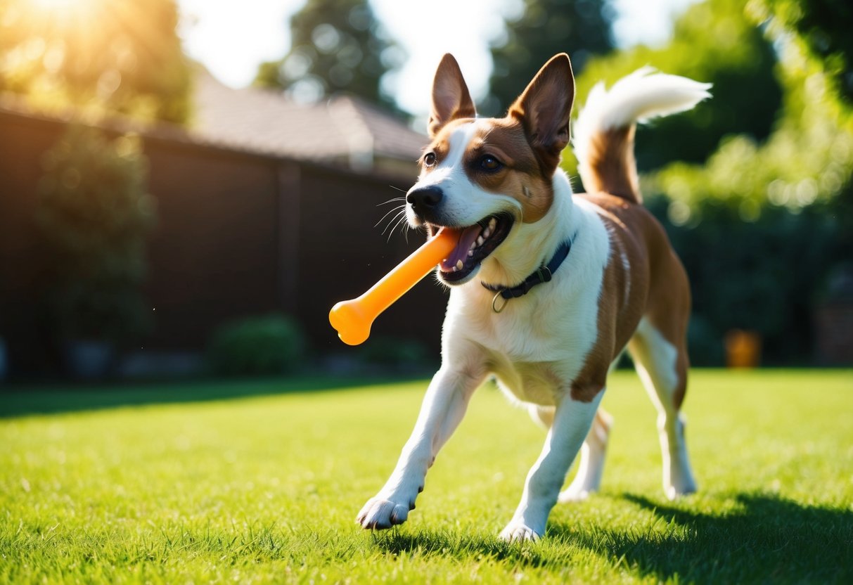 A happy, energetic dog playing with a chew toy in a sunlit backyard