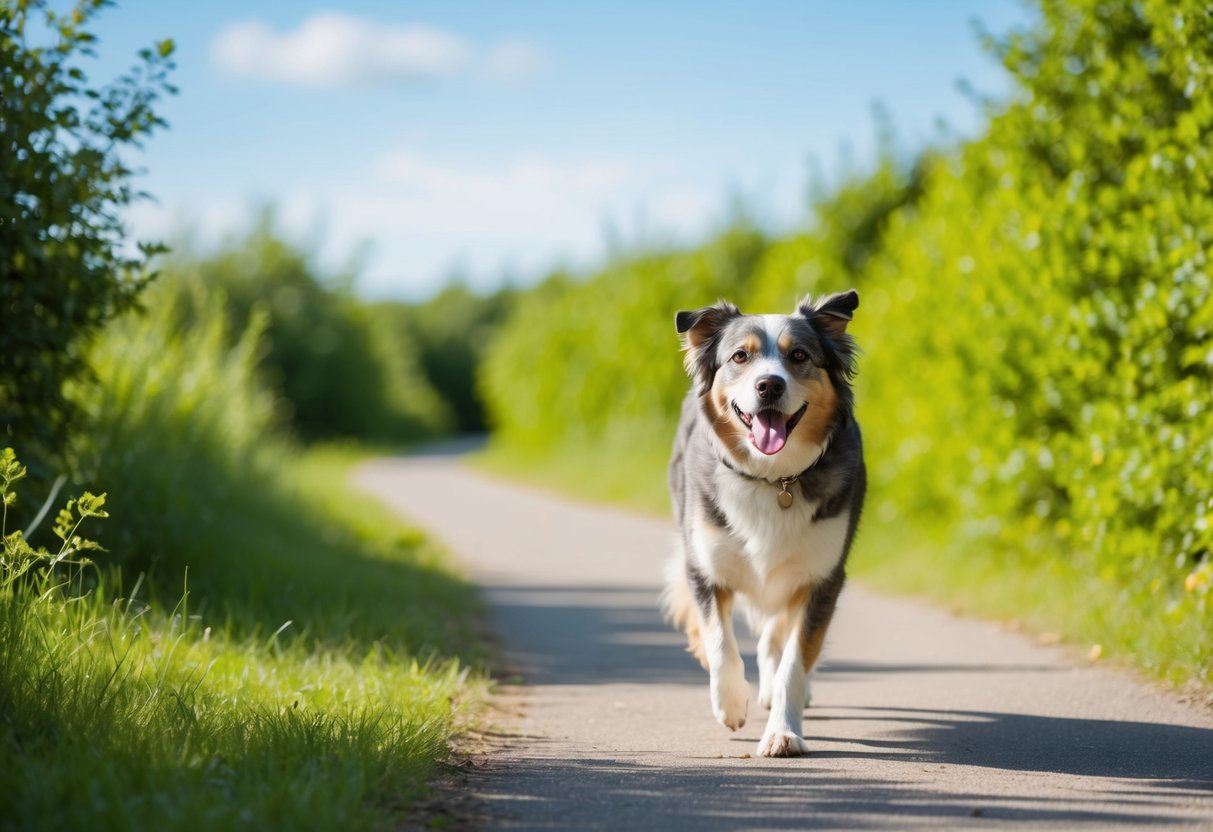An 11-year-old dog enjoying a leisurely walk in a serene natural setting, surrounded by lush greenery and a clear blue sky