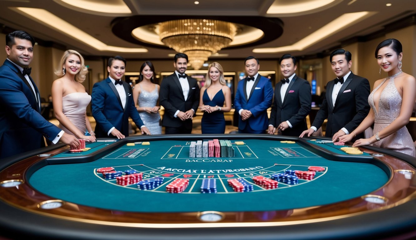 Sebuah meja baccarat yang ramping dan modern dengan chip dan kartu berwarna-warni, dikelilingi oleh pemain yang elegan dan berpakaian rapi di lingkungan kasino yang mewah.