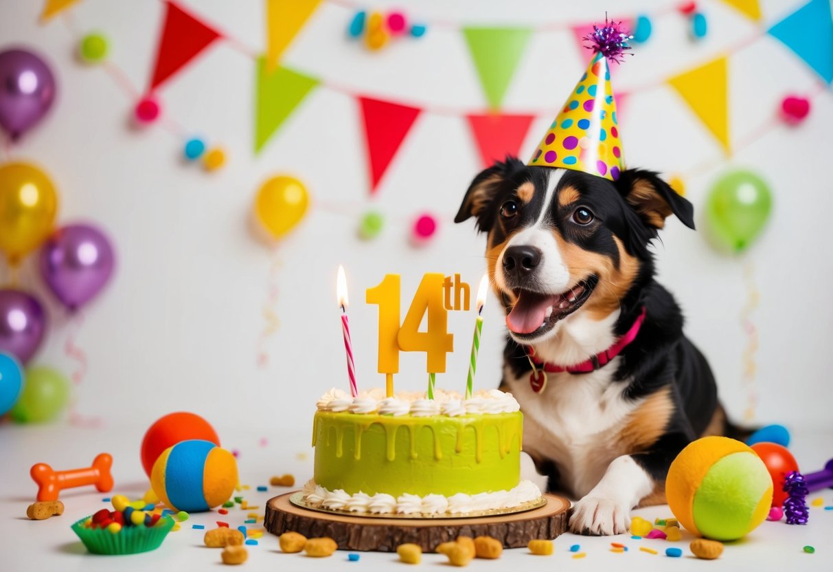 A happy dog celebrating its 14th birthday with a party hat and a cake surrounded by toys and treats