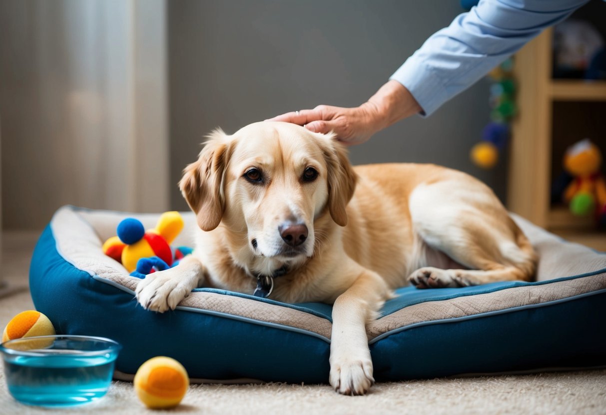 An elderly dog lying comfortably on a cushioned bed, surrounded by toys and a water bowl. A gentle, caring hand reaches out to stroke the dog's fur