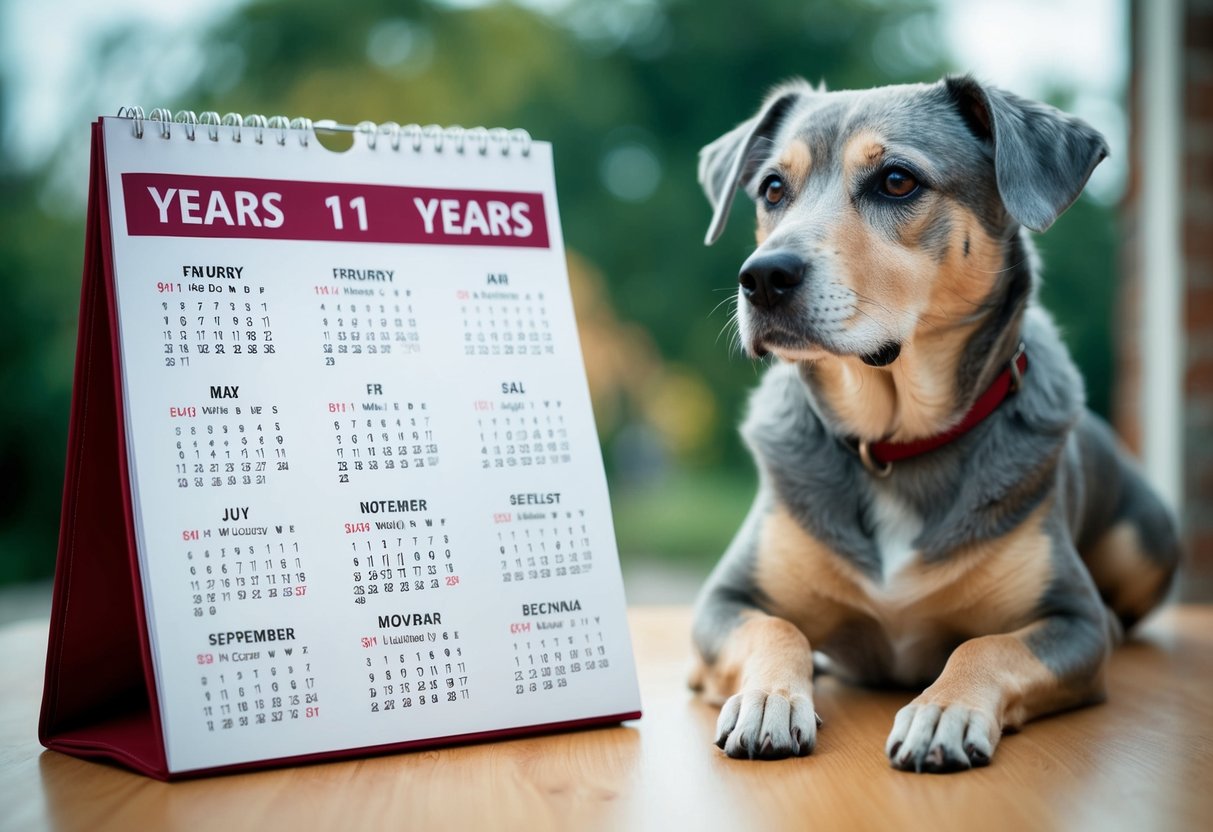 A dog with greying fur sits next to a calendar showing 11 years. A thoughtful expression on its face as it gazes into the distance