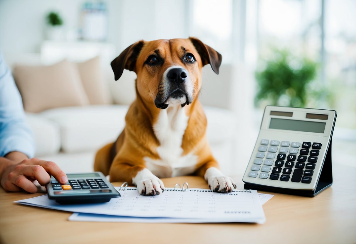 A dog with a thoughtful expression, surrounded by a calculator and a calendar, as the owner tries to calculate the dog's age in dog years