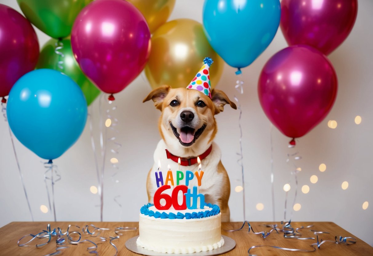 A happy dog celebrating its 60th birthday with a cake and balloons
