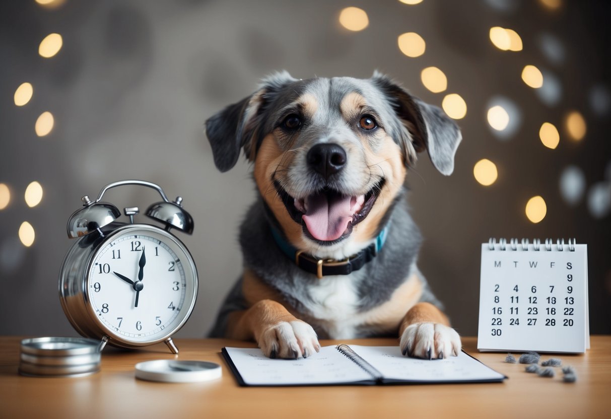 A happy dog with gray fur and a wise expression, surrounded by symbols of aging such as a clock, calendar, and a few gray hairs