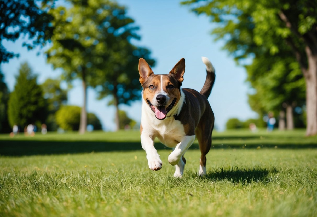 A happy dog running through a park, surrounded by trees and grass, with a bright blue sky in the background