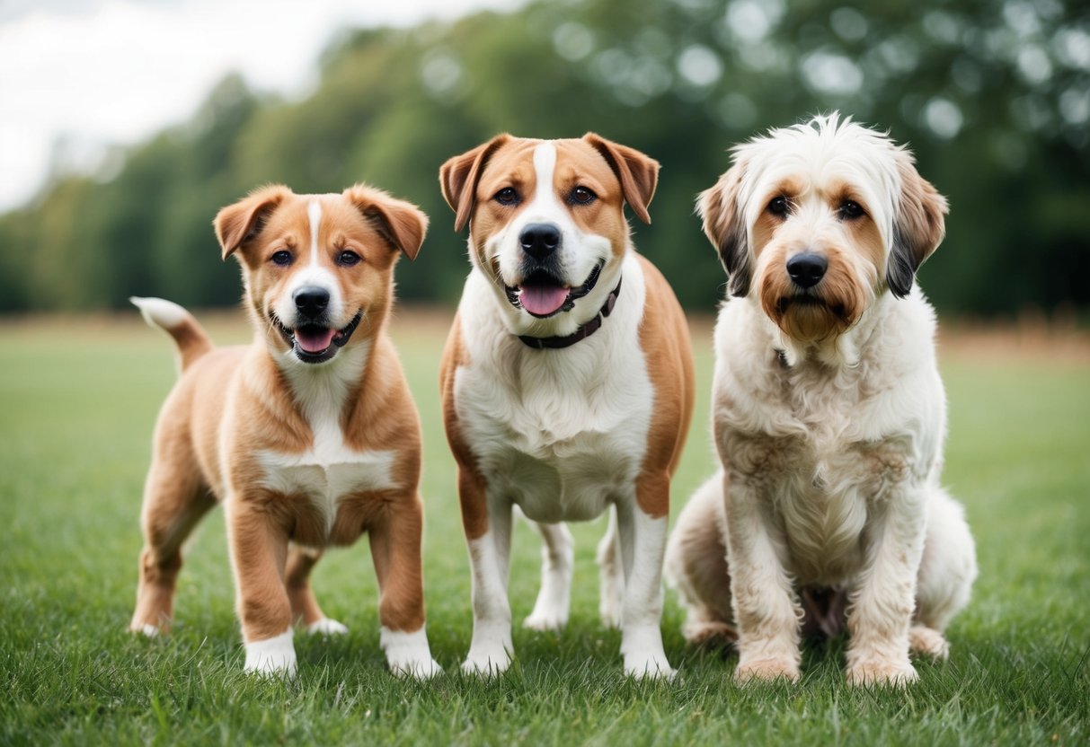 A playful puppy, a mature adult, and a wise senior dog stand side by side, representing different life stages