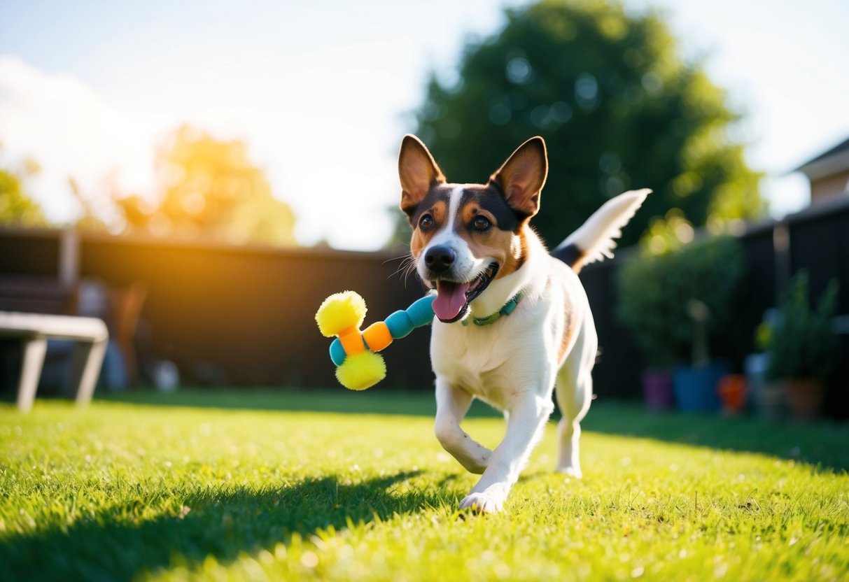 A happy dog with a wagging tail, playing with a toy in a sunny backyard