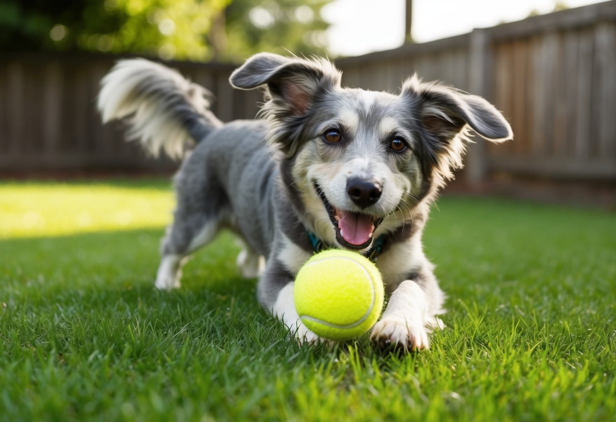 A happy dog with gray fur and floppy ears, playing with a chewed-up tennis ball in a grassy backyard