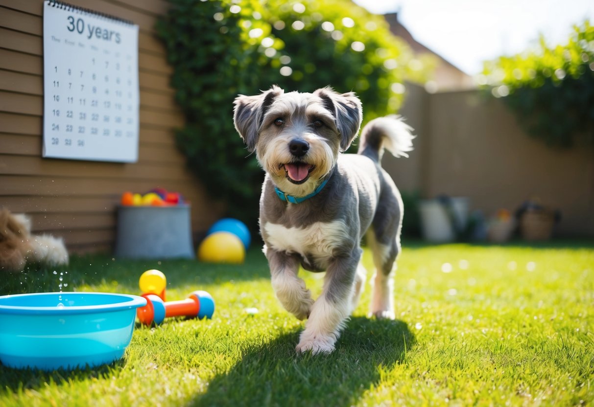 A happy, gray-muzzled dog plays in a sun-drenched yard, surrounded by toys and a bowl of water. A calendar on the wall marks 30 years
