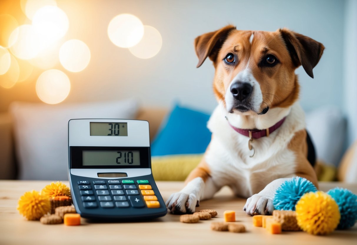 A dog with a thoughtful expression sits next to a calculator, surrounded by dog toys and treats. The calculator displays the numbers 30 and 210, representing the human and dog years, respectively