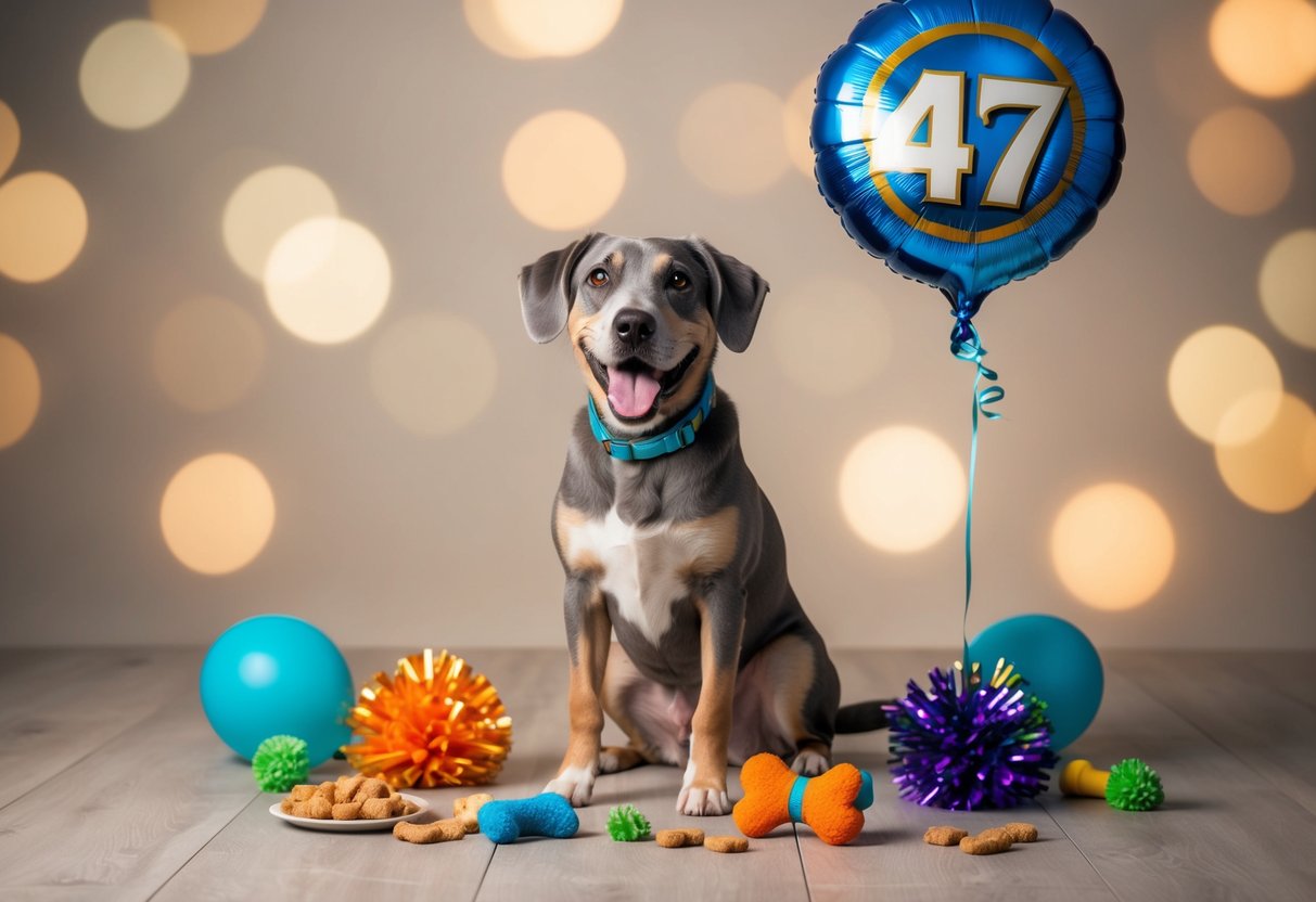 A happy dog with gray fur and a wagging tail, surrounded by dog toys and treats, with a "47" balloon floating above