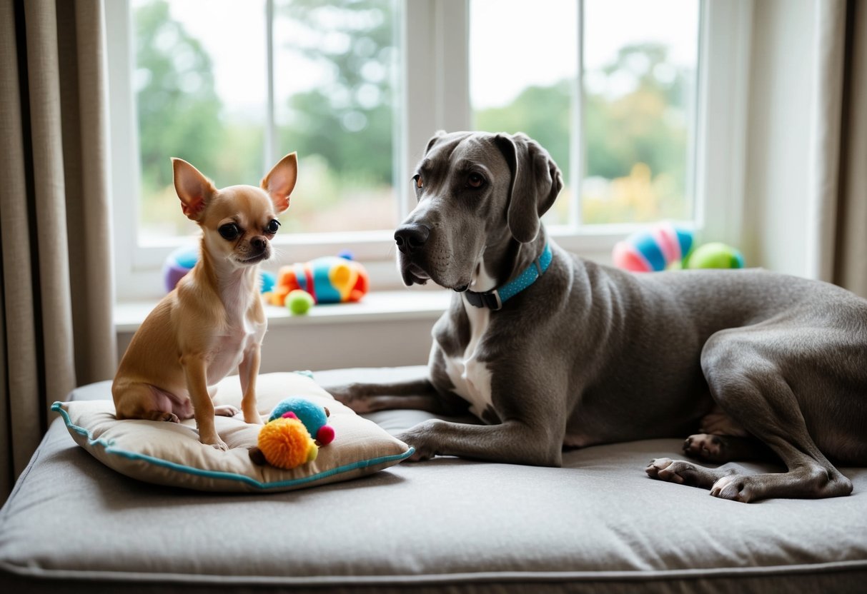 A small, elderly Chihuahua sits on a cushion, surrounded by toys. A large, grey-muzzled Great Dane lounges on a plush bed, looking out a window