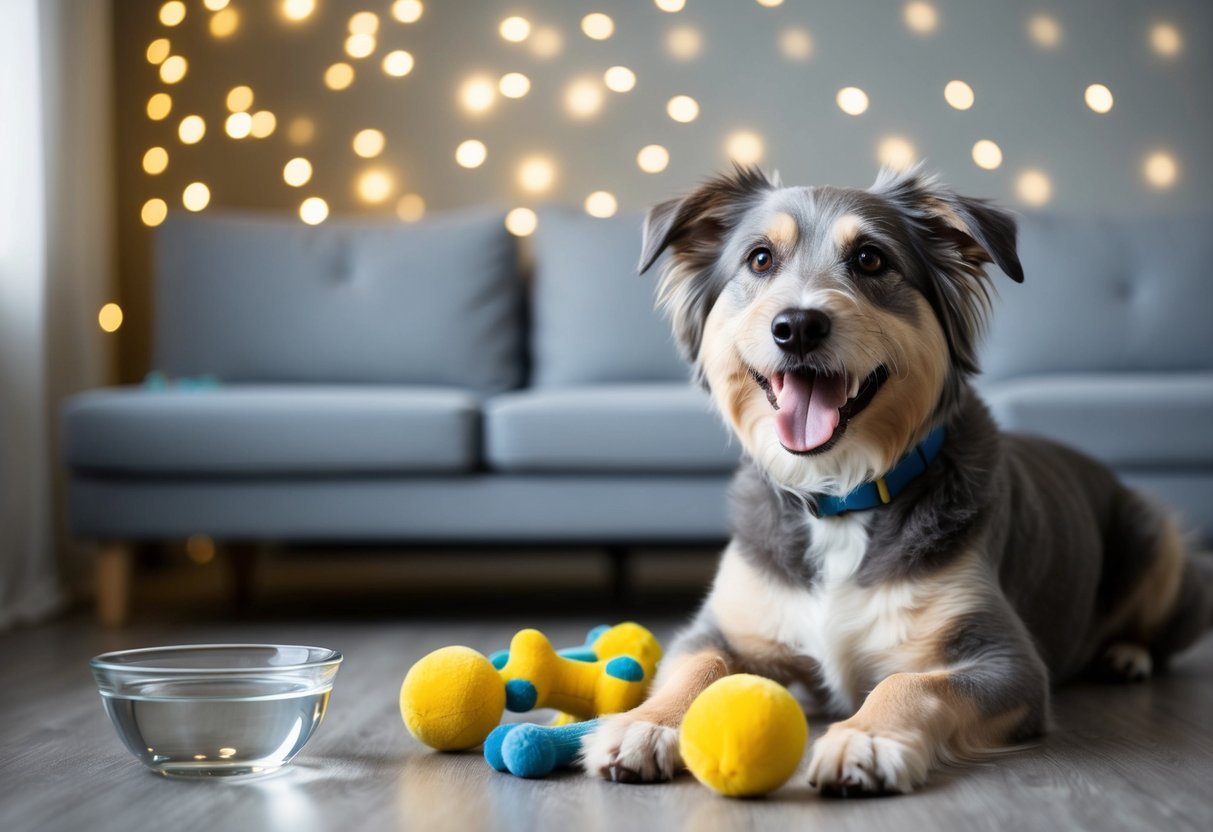 A happy dog with gray fur and a wagging tail, surrounded by dog toys and a bowl of water