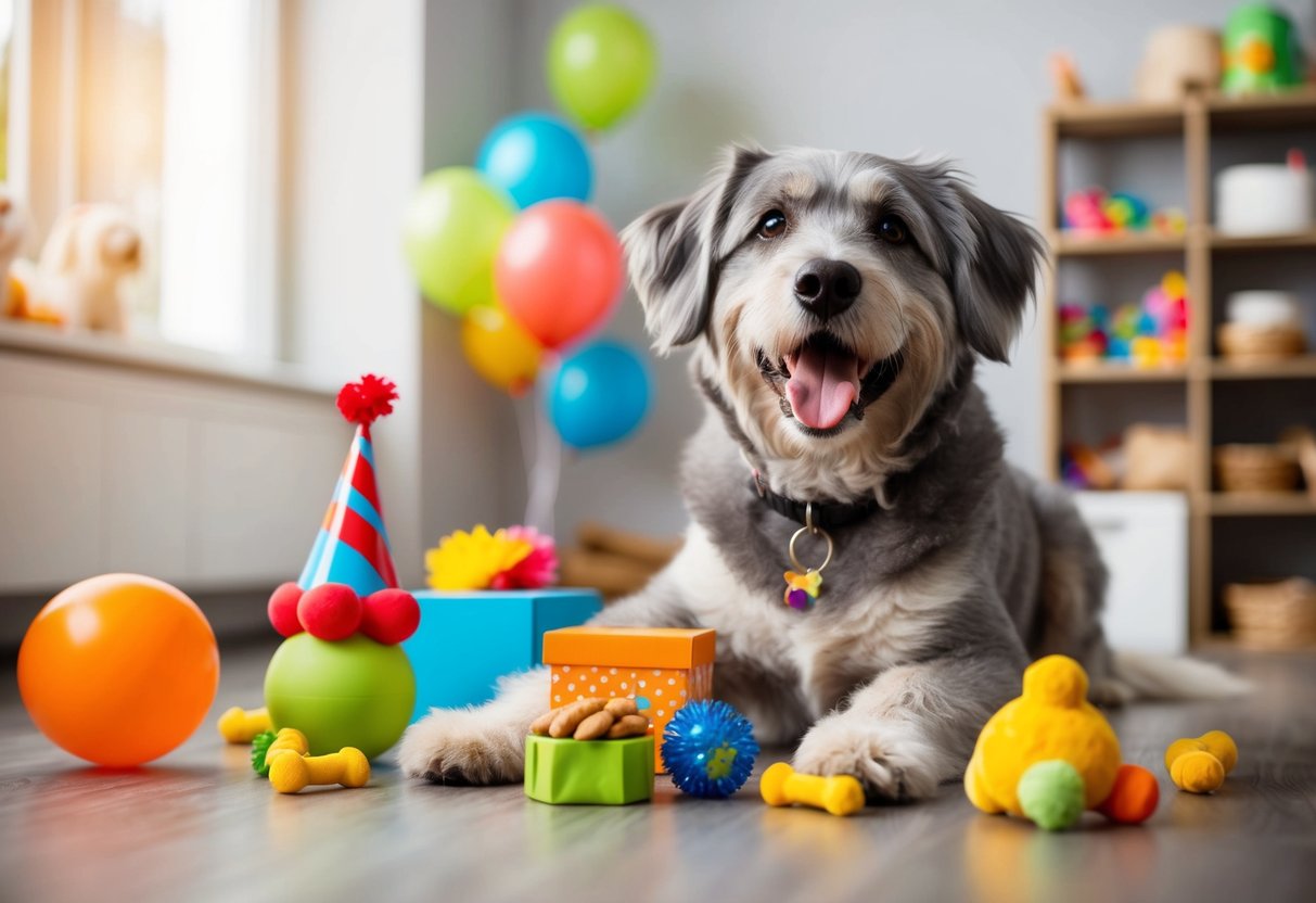 A happy dog with gray fur and a wagging tail, surrounded by toys and treats, celebrating its 80th birthday in dog years