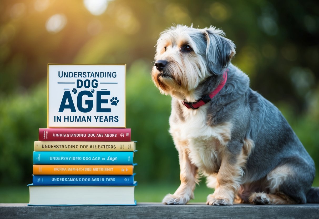 An elderly dog with gray fur sits beside a stack of books labeled "Understanding Dog Age in Human Years." The dog's expression is contemplative as it gazes into the distance