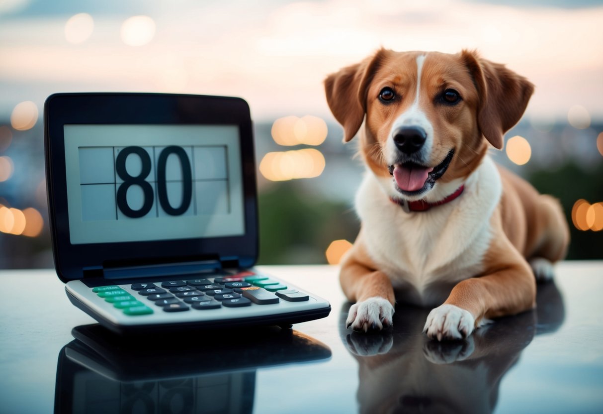 A dog sitting next to a calculator with the number 80 displayed on the screen