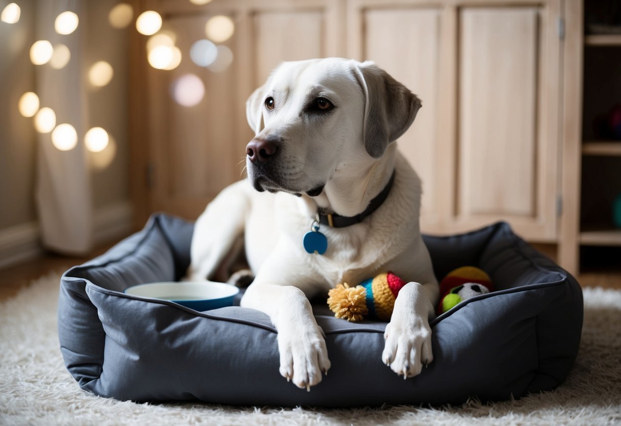 A graying Labrador, with a slight limp, gazes out from a cozy dog bed, surrounded by well-loved toys and a bowl of water