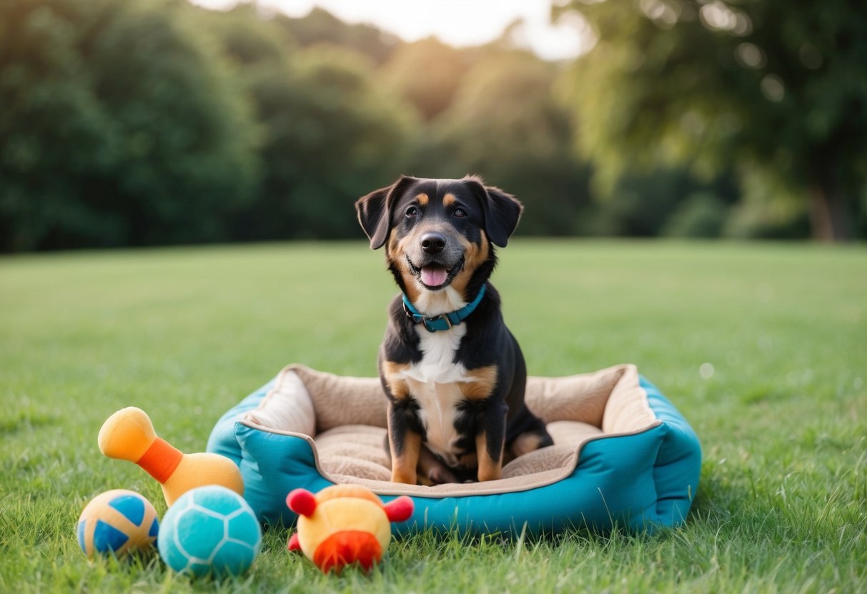 A 12-year-old dog sits on a grassy field, surrounded by toys and a cozy bed, with a few gray hairs on its muzzle