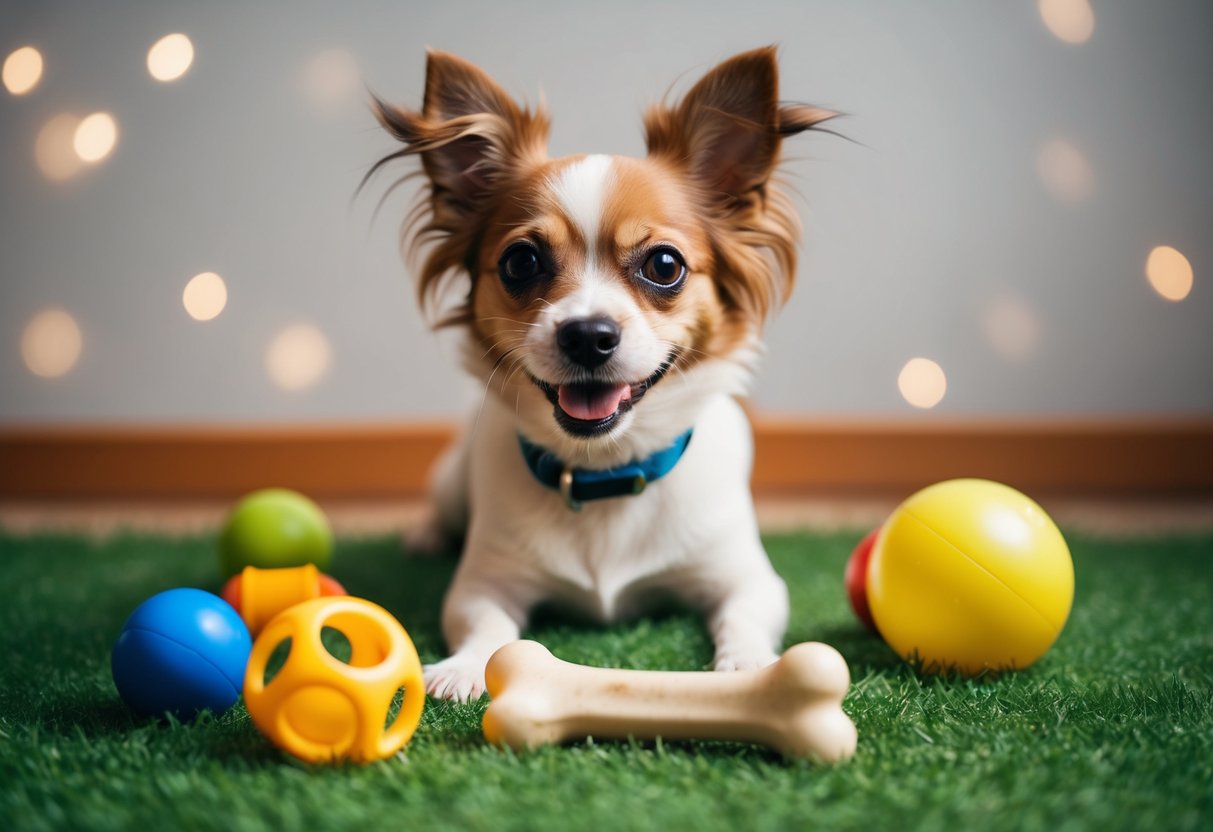 A small dog with a playful expression, surrounded by toys and a chewed-up bone, representing the energy and innocence of a five-year-old dog