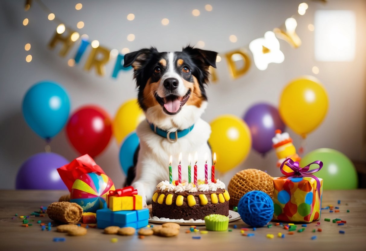 A happy dog with a wagging tail and bright eyes, surrounded by toys and treats, celebrating its fifth birthday