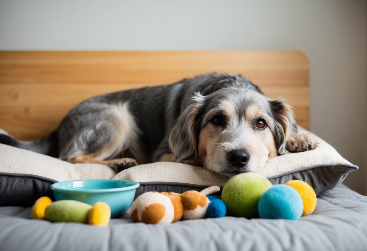 A 12-year-old dog lies on a cozy bed, surrounded by comforting toys and a bowl of water. Its graying fur and relaxed posture convey a sense of contentment and wisdom