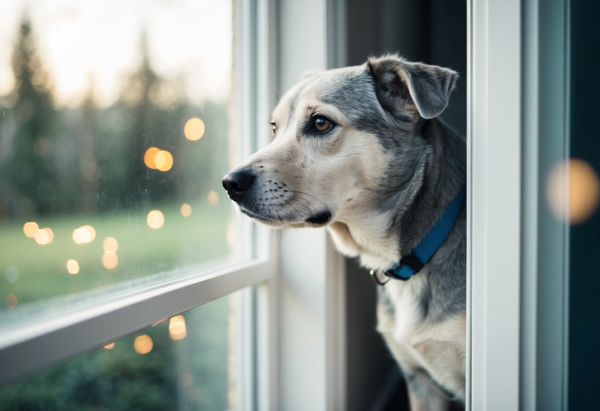 A 12-year-old dog, with graying fur and a slightly slower gait, gazes out of a window, reflecting on the passage of time