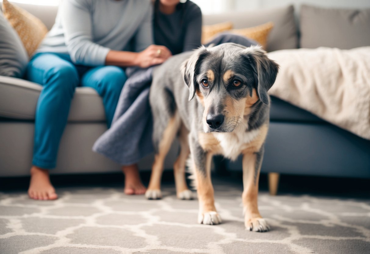 A senior dog with gray fur and cloudy eyes walks slowly, surrounded by a loving owner and a comfortable bed