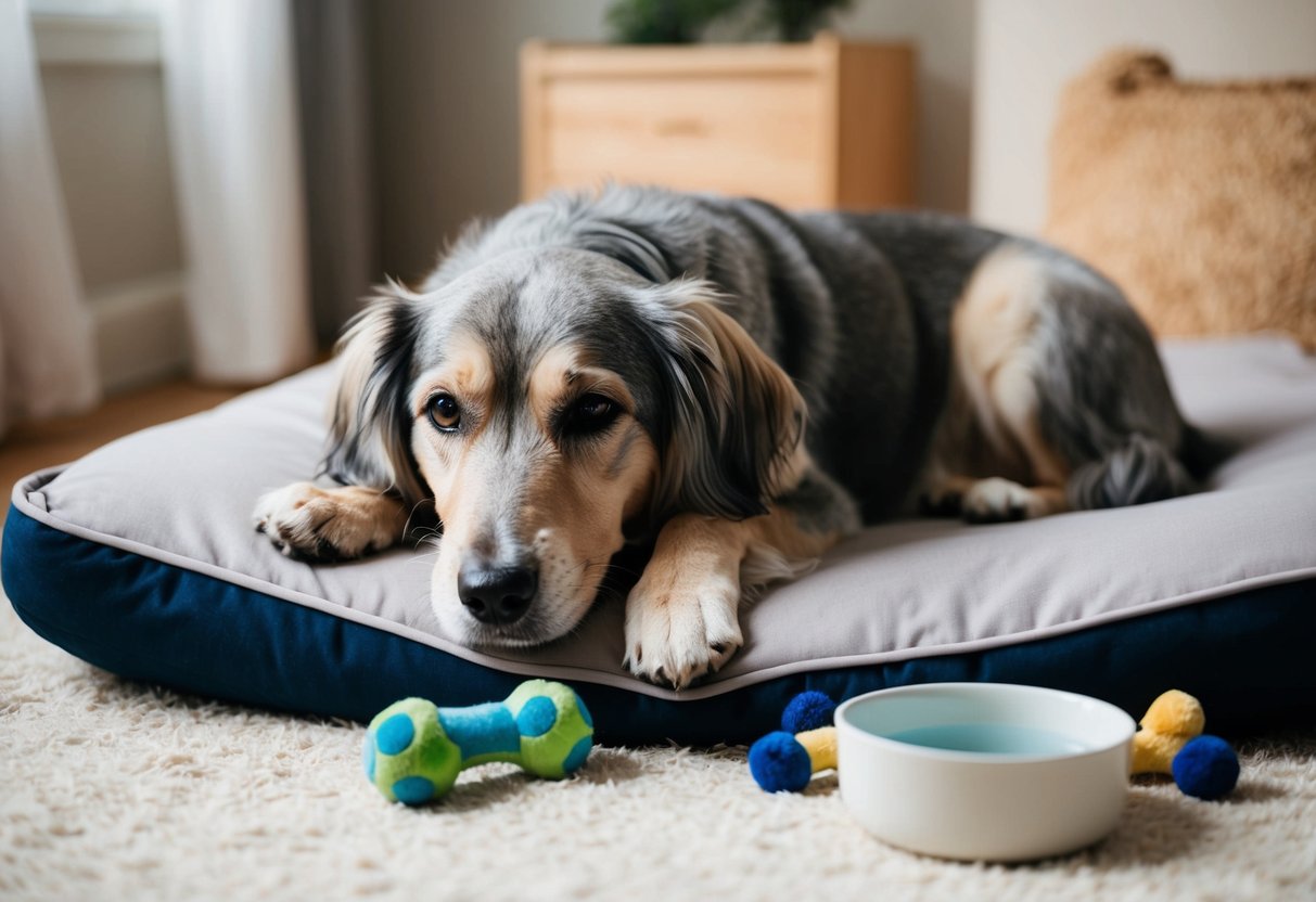 A senior dog with graying fur lies peacefully in a cozy bed, surrounded by comforting toys and a bowl of water