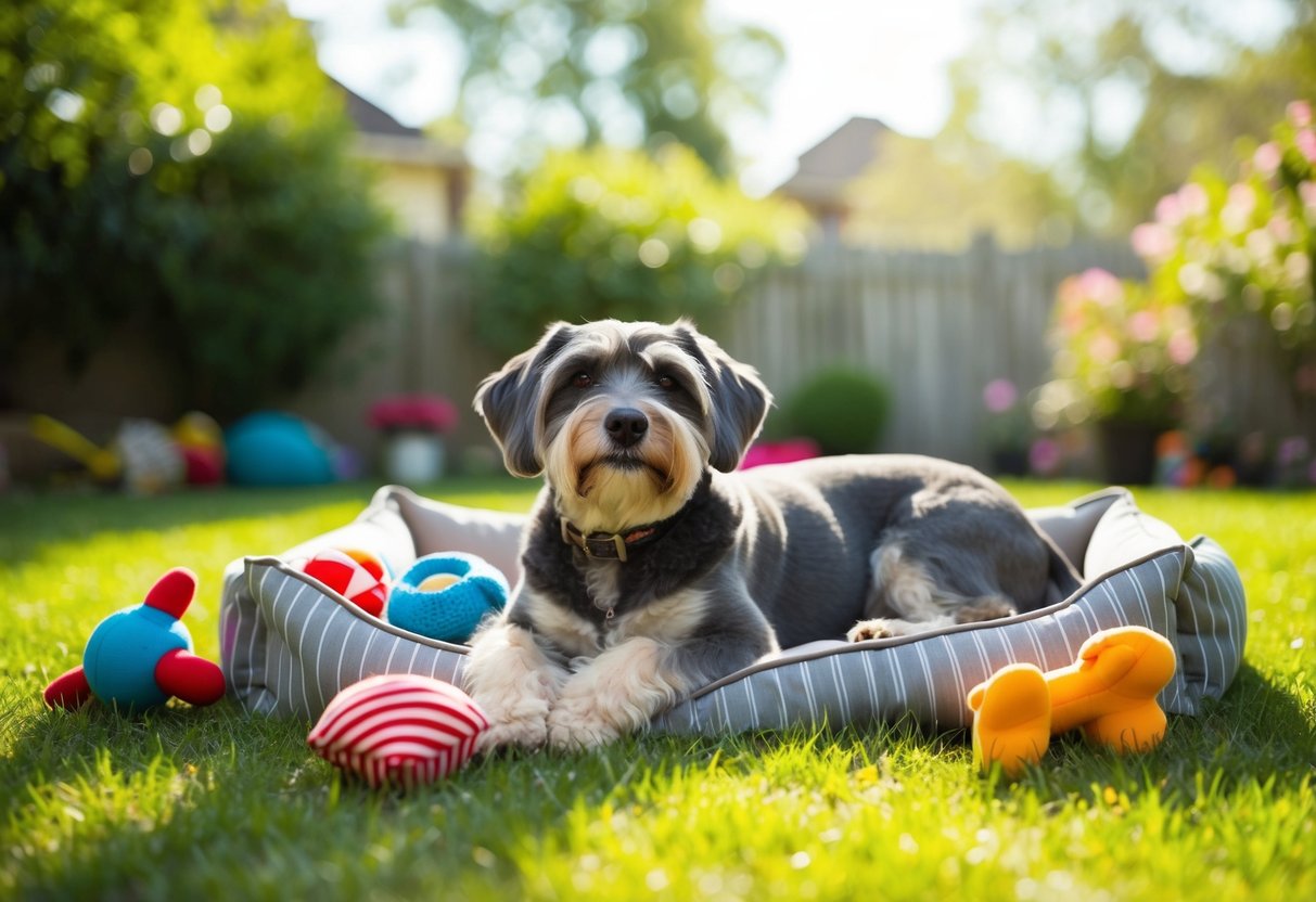 A gray-muzzled dog lounges in a sun-dappled yard, surrounded by well-loved toys and a cozy bed