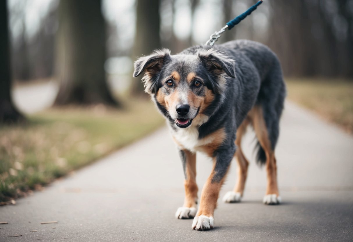 A 14-year-old dog with gray fur and cloudy eyes walks slowly, with a slight limp, and a gentle, tired expression on its face